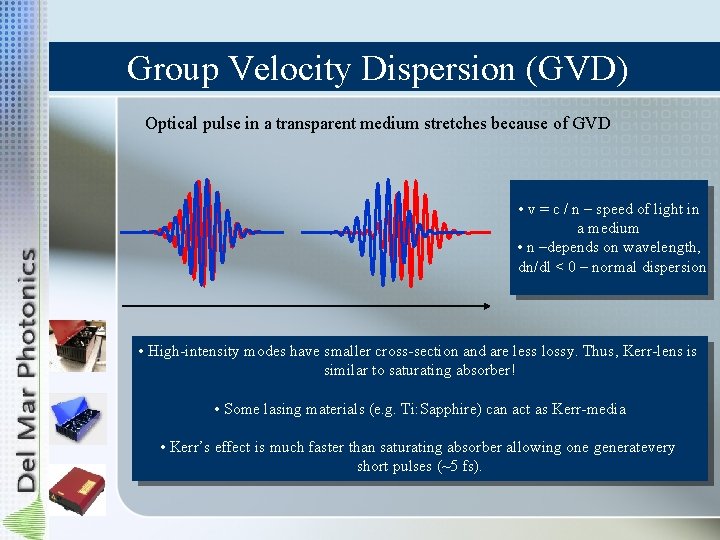 Group Velocity Dispersion (GVD) Optical pulse in a transparent medium stretches because of GVD