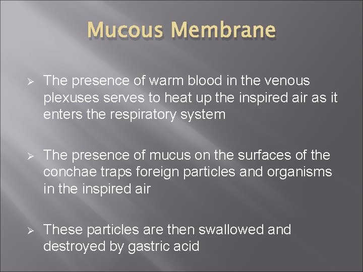 Mucous Membrane Ø The presence of warm blood in the venous plexuses serves to