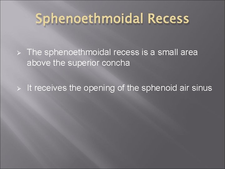 Sphenoethmoidal Recess Ø The sphenoethmoidal recess is a small area above the superior concha