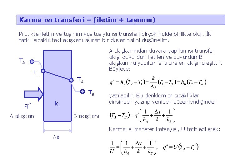 Karma ısı transferi – (iletim + taşınım) Pratikte iletim ve taşınım vasıtasıyla ısı transferi