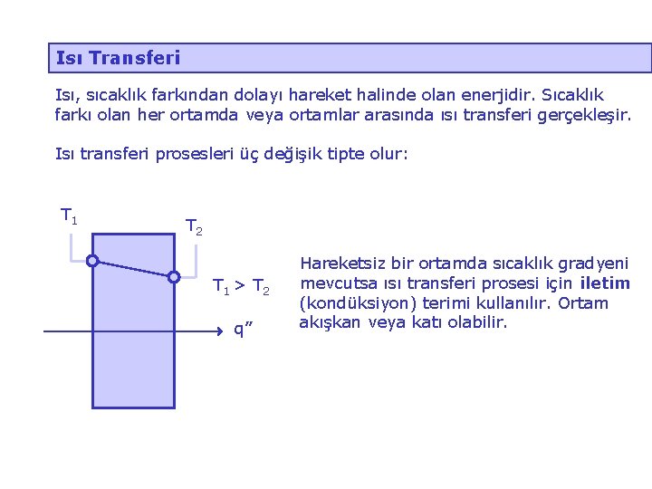 Isı Transferi Isı, sıcaklık farkından dolayı hareket halinde olan enerjidir. Sıcaklık farkı olan her