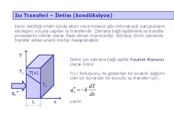 Isı Transferi – İletim (kondüksiyon) Isının iletildiği ortam içinde atom veya molekül gibi mikroskopik