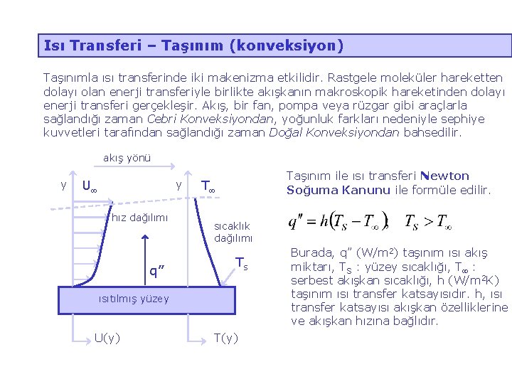 Isı Transferi – Taşınım (konveksiyon) Taşınımla ısı transferinde iki makenizma etkilidir. Rastgele moleküler hareketten