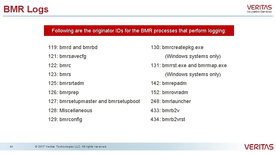BMR Logs Following are the originator IDs for the BMR processes that perform logging: