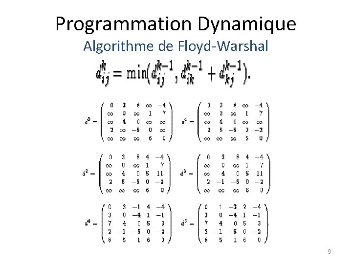 Programmation Dynamique Algorithme de Floyd-Warshal 9 