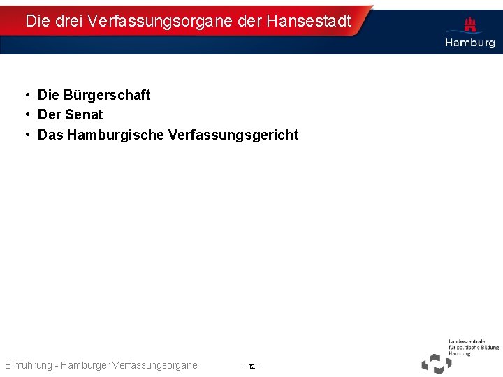 Die drei Verfassungsorgane der Hansestadt • Die Bürgerschaft • Der Senat • Das Hamburgische