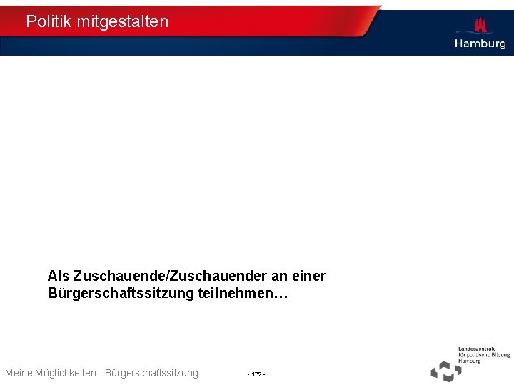 Politik mitgestalten Als Zuschauende/Zuschauender an einer Bürgerschaftssitzung teilnehmen… Thema TT. MM. JJJJ Meine Möglichkeiten