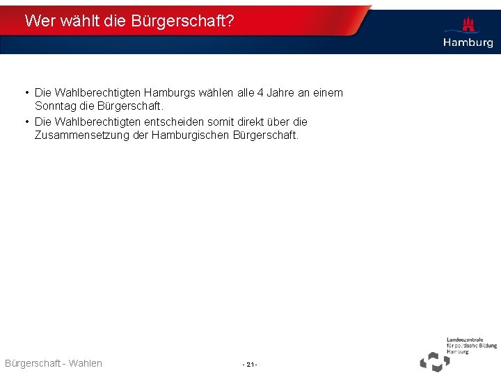 Wer wählt die Bürgerschaft? • Die Wahlberechtigten Hamburgs wählen alle 4 Jahre an einem