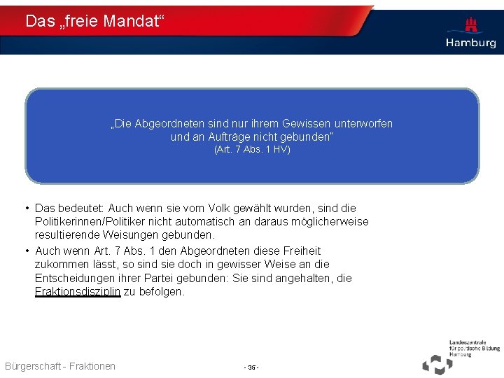 Das „freie Mandat“ „Die Abgeordneten sind nur ihrem Gewissen unterworfen und an Aufträge nicht