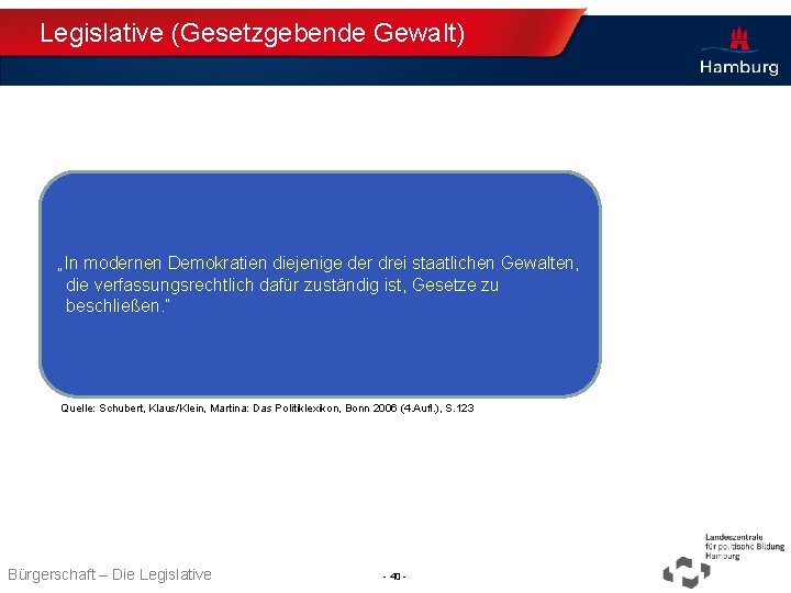 Legislative (Gesetzgebende Gewalt) „In modernen Demokratien diejenige der drei staatlichen Gewalten, die verfassungsrechtlich dafür