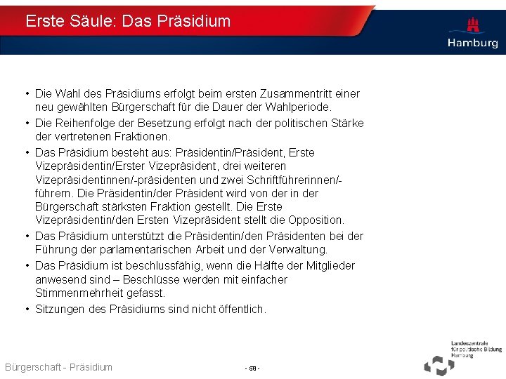 Erste Säule: Das Präsidium • Die Wahl des Präsidiums erfolgt beim ersten Zusammentritt einer