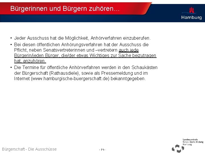 Bürgerinnen und Bürgern zuhören… • Jeder Ausschuss hat die Möglichkeit, Anhörverfahren einzuberufen. • Bei