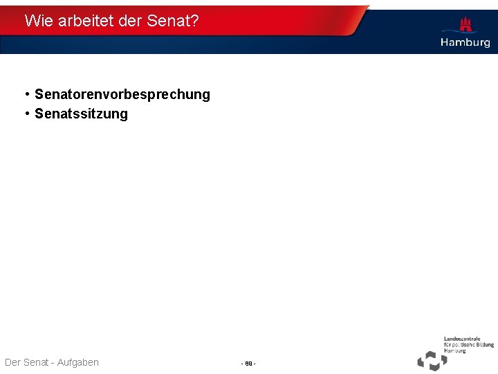 Wie arbeitet der Senat? • Senatorenvorbesprechung • Senatssitzung Thema TT. MM. JJJJ Der Senat