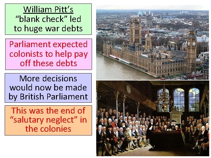 William Pitt’s “blank check” led to huge war debts Parliament expected colonists to help
