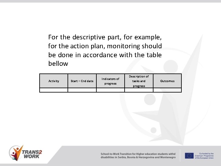 For the descriptive part, for example, for the action plan, monitoring should be done