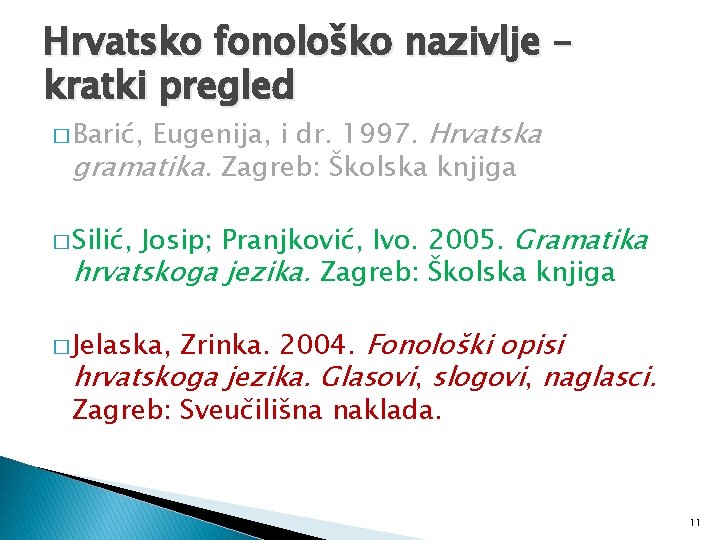 Hrvatsko fonološko nazivlje – kratki pregled Eugenija, i dr. 1997. Hrvatska gramatika. Zagreb: Školska