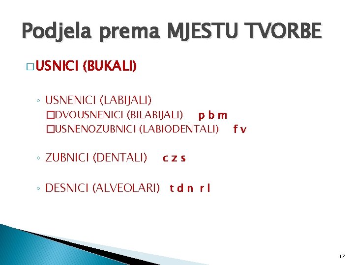 Podjela prema MJESTU TVORBE � USNICI (BUKALI) ◦ USNENICI (LABIJALI) �DVOUSNENICI (BILABIJALI) p b