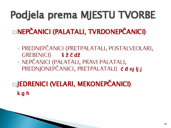 Podjela prema MJESTU TVORBE � NEPČANICI (PALATALI, TVRDONEPČANICI) ◦ PREDNEPČANICI (PRETPALATALI, POSTALVEOLARI, GREBENICI) š