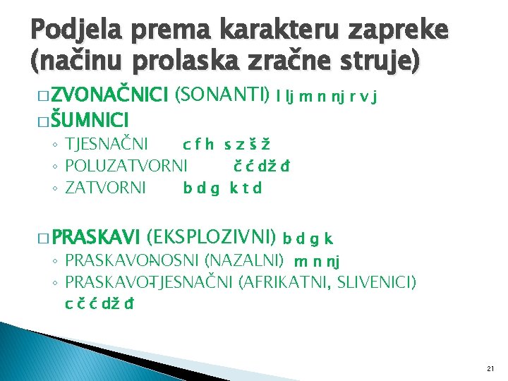 Podjela prema karakteru zapreke (načinu prolaska zračne struje) � ZVONAČNICI � ŠUMNICI (SONANTI) l