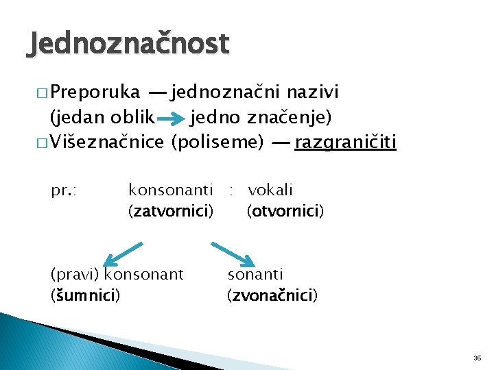 Jednoznačnost � Preporuka — jednoznačni nazivi (jedan oblik jedno značenje) � Višeznačnice (poliseme) —