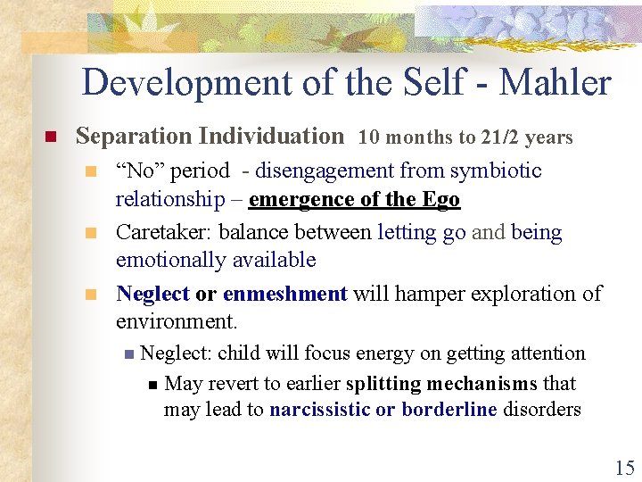 Development of the Self - Mahler n Separation Individuation 10 months to 21/2 years