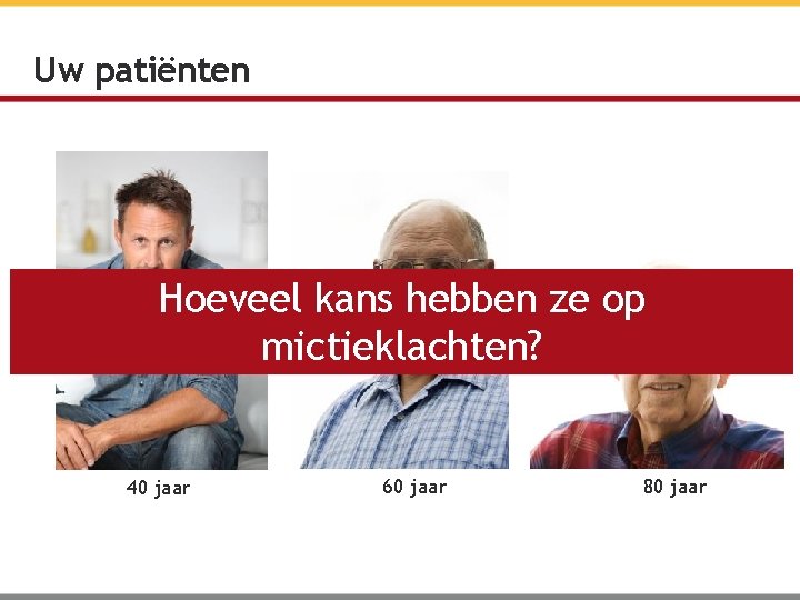 Uw patiënten Hoeveel kans hebben ze op mictieklachten? 40 jaar 60 jaar 80 jaar
