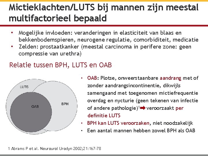 Mictieklachten/LUTS bij mannen zijn meestal multifactorieel bepaald • Mogelijke invloeden: veranderingen in elasticiteit van