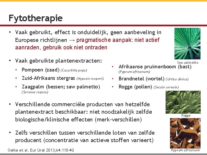 Fytotherapie • Vaak gebruikt, effect is onduidelijk, geen aanbeveling in Europese richtlijnen → pragmatische