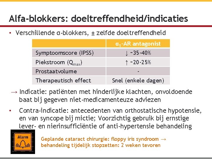 Alfa-blokkers: doeltreffendheid/indicaties • Verschillende α-blokkers, ± zelfde doeltreffendheid α 1 -AR antagonist Symptoomscore (IPSS)