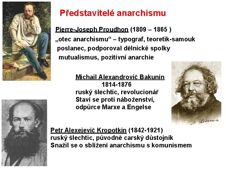 Představitelé anarchismu Pierre-Joseph Proudhon (1809 – 1865 ) „otec anarchismu“ – typograf, teoretik-samouk poslanec,