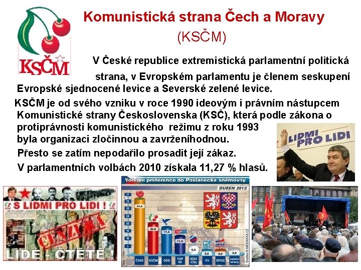  Komunistická strana Čech a Moravy (KSČM) V České republice extremistická parlamentní politická strana,