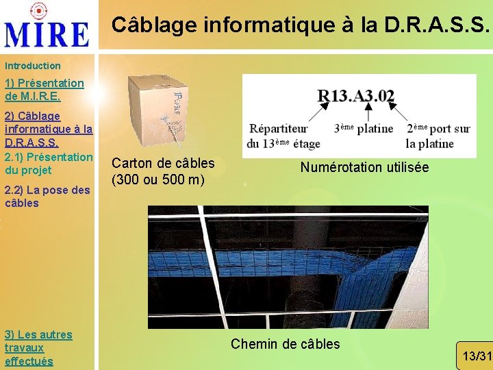 Câblage informatique à la D. R. A. S. S. Introduction 1) Présentation de M.