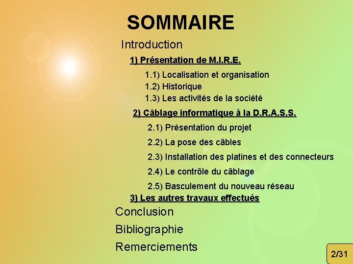 SOMMAIRE Introduction 1) Présentation de M. I. R. E. 1. 1) Localisation et organisation