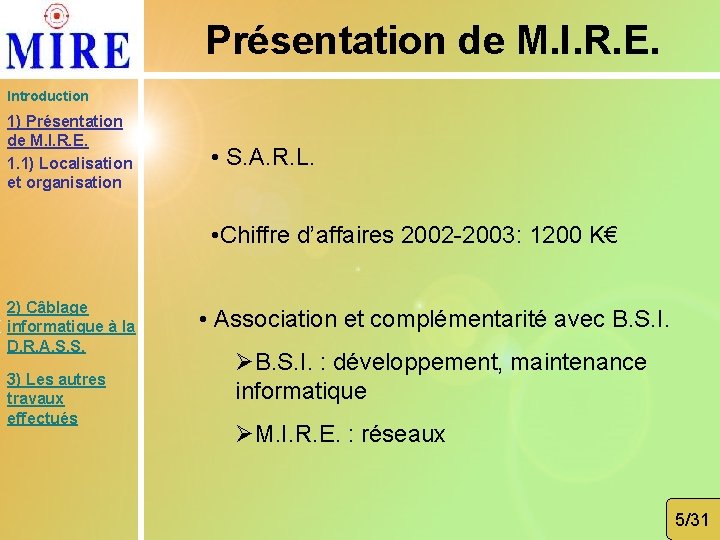 Présentation de M. I. R. E. Introduction 1) Présentation de M. I. R. E.