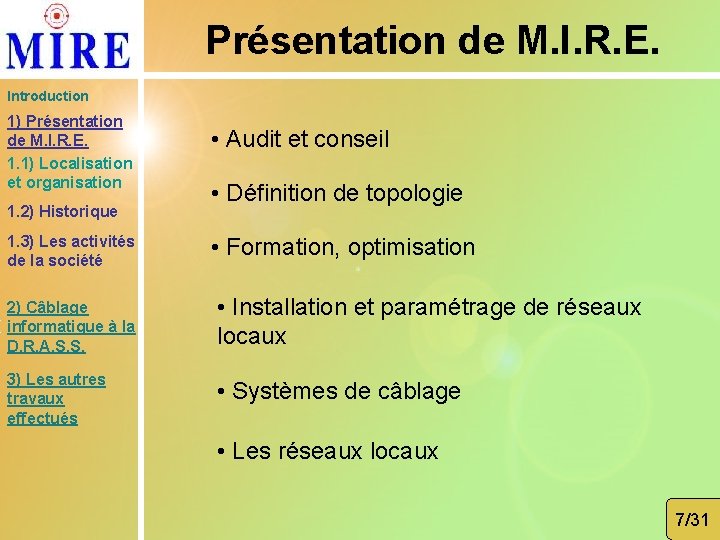 Présentation de M. I. R. E. Introduction 1) Présentation de M. I. R. E.