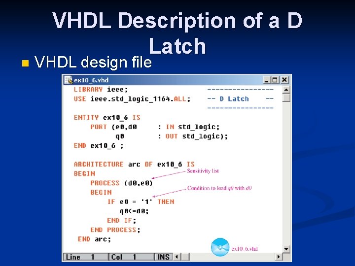 n VHDL Description of a D Latch VHDL design file n VHDL Description of a D Latch VHDL design file