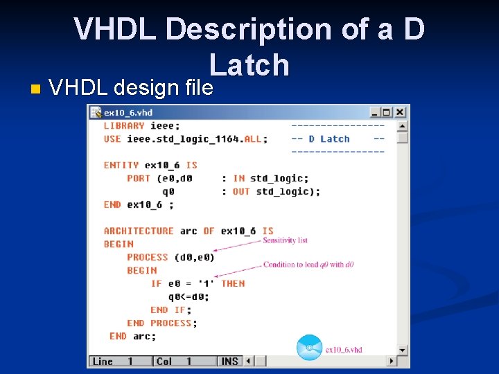 n VHDL Description of a D Latch VHDL design file 