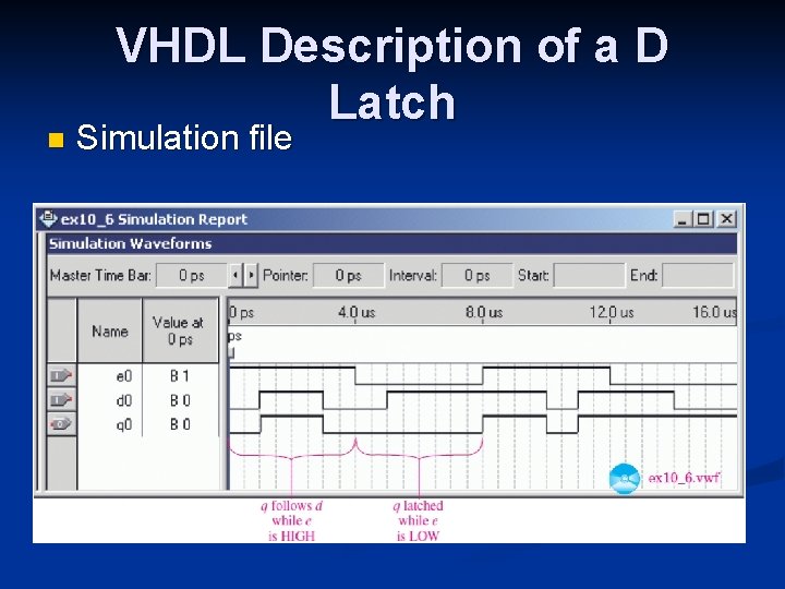 n VHDL Description of a D Latch Simulation file n VHDL Description of a D Latch Simulation file