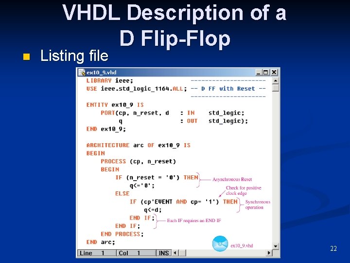 n VHDL Description of a D Flip-Flop Listing file 22 n VHDL Description of a D Flip-Flop Listing file 22
