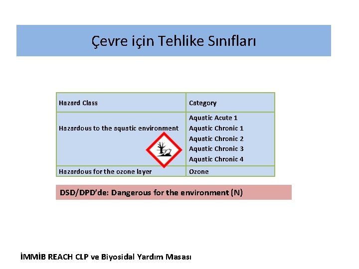 Çevre için Tehlike Sınıfları Hazard Class Category Hazardous to the aquatic environment Aquatic Acute