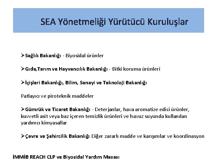 SEA Yönetmeliği Yürütücü Kuruluşlar Sağlık Bakanlığı - Biyosidal ürünler Gıda, Tarım ve Hayvancılık Bakanlığı