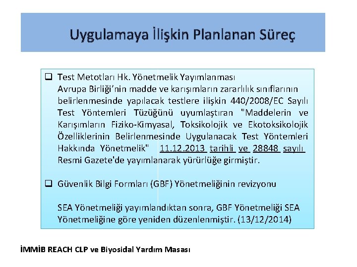 Uygulamaya İlişkin Planlanan Süreç q Test Metotları Hk. Yönetmelik Yayımlanması Avrupa Birliği’nin madde ve