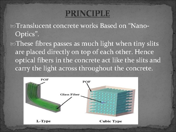 PRINCIPLE Translucent concrete works Based on “Nano- Optics”. These fibres passes as much light