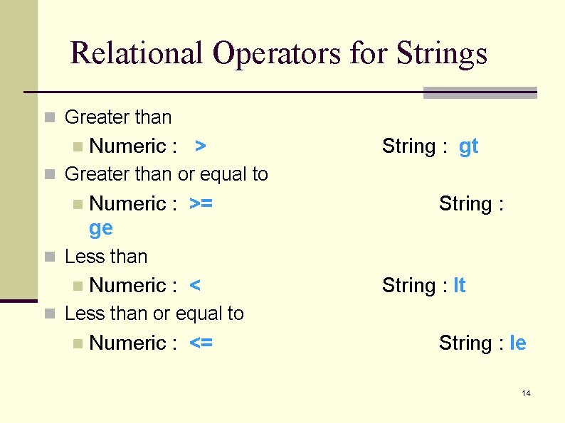 Relational Operators for Strings n Greater than n Numeric : > String : gt Relational Operators for Strings n Greater than n Numeric : > String : gt