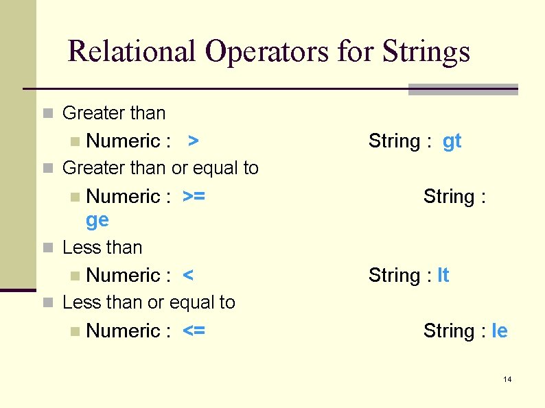 Relational Operators for Strings n Greater than n Numeric : > String : gt