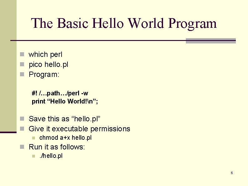 The Basic Hello World Program n which perl n pico hello. pl n Program: