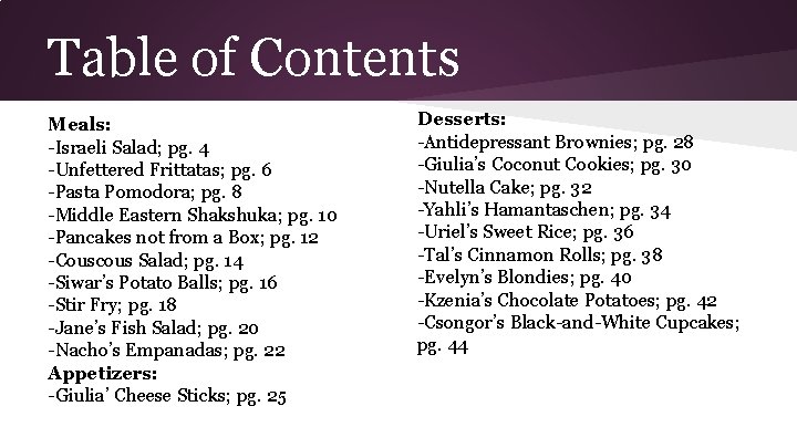Table of Contents Meals: -Israeli Salad; pg. 4 -Unfettered Frittatas; pg. 6 -Pasta Pomodora;