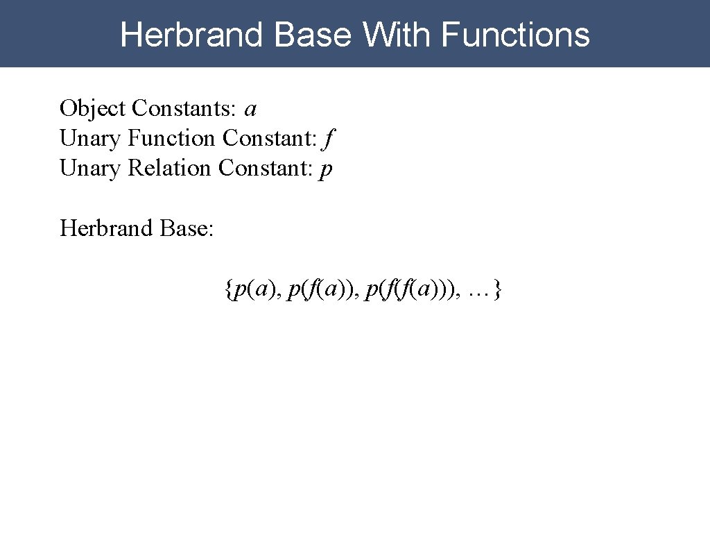 Herbrand Base With Functions Object Constants: a Unary Function Constant: f Unary Relation Constant:
