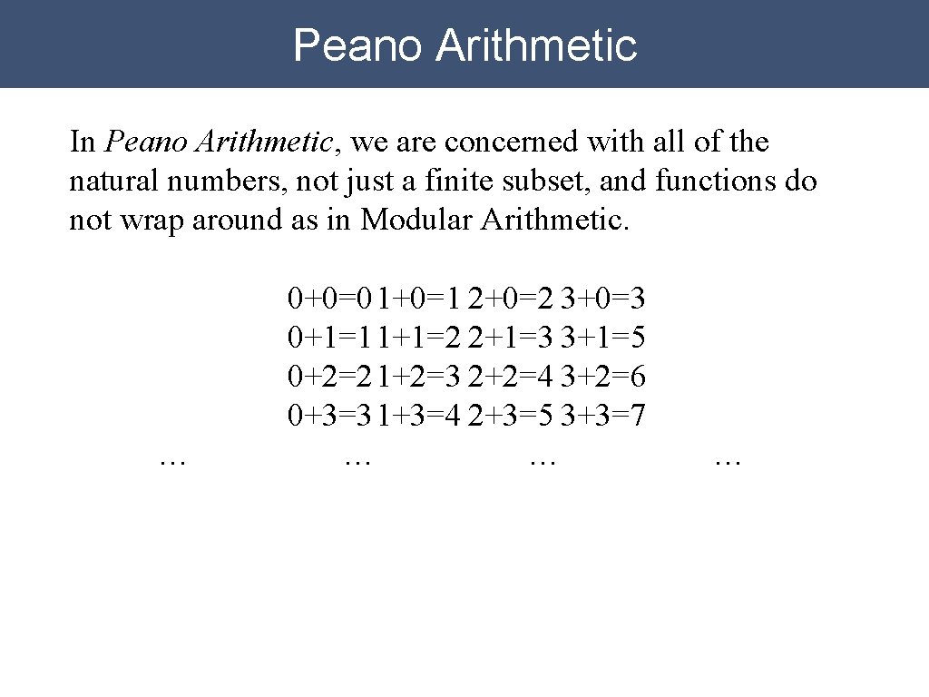 Peano Arithmetic In Peano Arithmetic, we are concerned with all of the natural numbers,