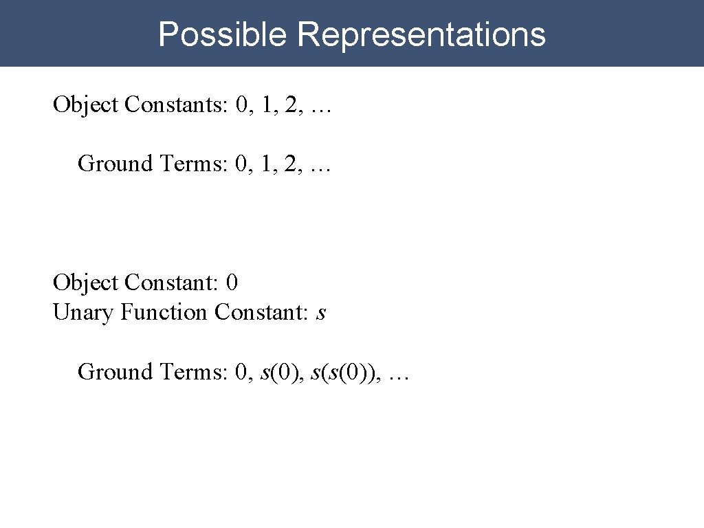 Possible Representations Object Constants: 0, 1, 2, … Ground Terms: 0, 1, 2, …